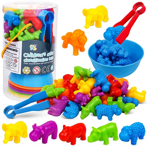NAODONGLI Counting Animals Color Sorting Stacking Toy with Bowls for Kids
