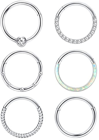 ADRAMATA 6 Pcs 16G 18G Nose Ring Septum Ring for Women Men Silver Surgical Steel Nose Piercing Helix Daith Conch Tragus Cartilage Earrings Piercing Lip Rings Hinged Clicker Hoop Nose Rings
