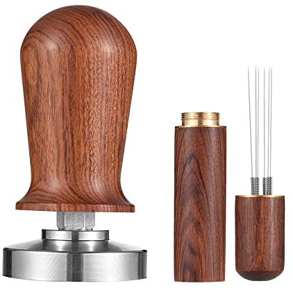 Ailgely Juego de prensador de café y agitador de café de 51 mm con base plana de acero inoxidable 304 con resorte, prensa de mango de madera para cafés y amantes del café