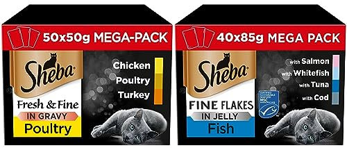 Sheba Cat Wet Food - Fresh and Fine - Cat Pouches Poultry in Gravy - 50 x 50 g Pack & Fine Flakes in Jelly – Fish Collection – Wet Cat Food Pouches for Adult Cats – (40 x 85 g)