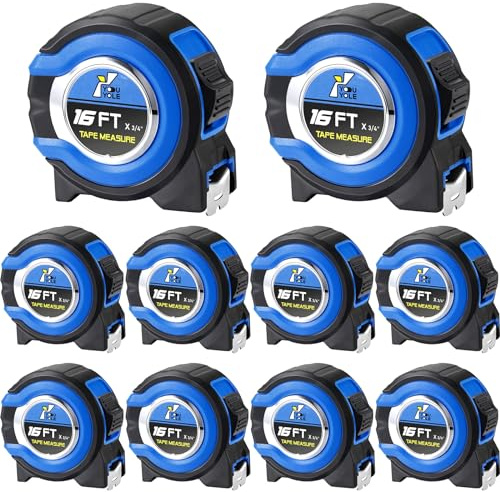 Youyole 10 Pack Tape Measure with Fractions 1/8 Steel Measuring Tape Retractable Easy Read Measurement Ruler Steel Power Blade (16 ft X 3/4 in,Blue)