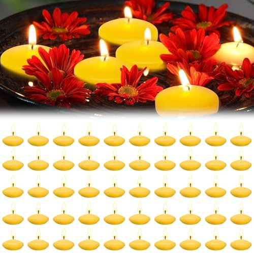 bechoanigel 50 Stücke Schwimmkerzen, Unparfümierte Tropffreies Schwimmende Kerzen, Floating Candles, Wasserkerzen Geeignet für Schwimmkerzenhalter, Schwimmdeko, Hochzeiten - Gelb