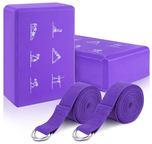 RETON Juego de bloques de yoga de 2 unidades con correa, bloques de espuma EVA ligeros para yoga y pilates, bloque de yoga de alta densidad, bloque de yoga antideslizante para estiramiento, mejora la