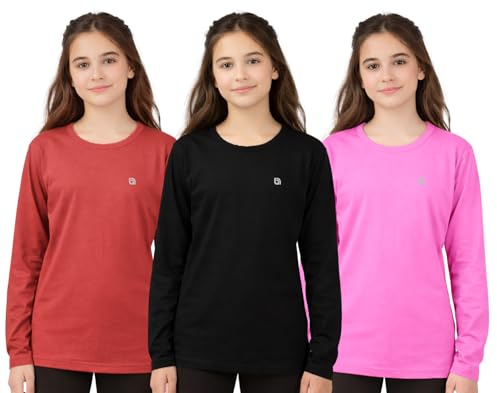 Bahob® Girls Long Sleeve T-Shirt 3 Pack Shirt for Girls Lightweight Soft Comfort Fit Round Neck Tee Shirt 5-14 Years (GFS-40-A, 9-10 Years)