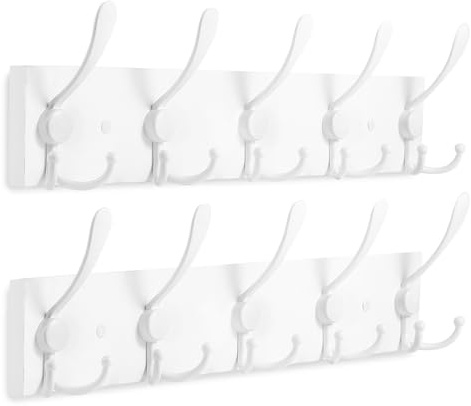 Kuhome 2pcs Coat Rack Wall Mount Coat Hooks Wooden Hat Rack for Wall Hooks Pine Real Wood Plank 16.9 White Coat Hanger with 5 White Triple Hooks for Hanging Coat Hat Jacket