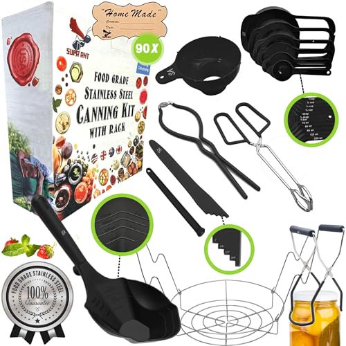 Supa Ant Black Canning Supplies Starter Kit-10 pc Canner Accessories with Canning Rack for Jars, XL Ladle, Wide Mouth Jar Funnel, Jar Lifter & Wrench, Bubble Popper/Measurer, Lid Lifter,Kitchen Tongs