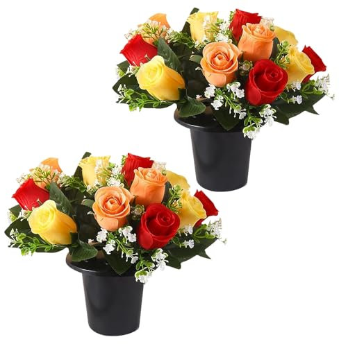 Hojalis Artificial Flowers for Graves, 2 Pcs Grave Flower In Pot 12 Heads Rose Funeral Floral, 25cm Grave Pots with Artificial Rose, Graves Flowers for Cemetery, Memorial, Christmas Decorations