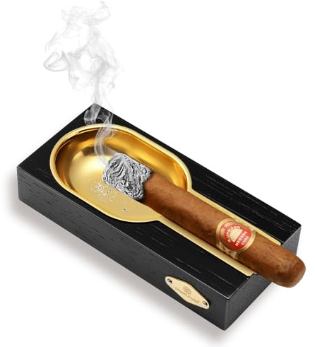 Posacenere per sigari in legno e lega, grande porta sigari, accessori per sigari per esterni e interni, posacenere con supporto per sigari in lega (nero oro)