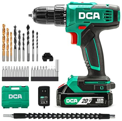 DCA Cordless Drill Set, 40 N.m Torque, 10mm Keyless Chuck, Electric Power Drill with 2.0Ah Battery and Charger,18+1 Position,35-Piece 20V Drill Driver Kit, ADJZ2035