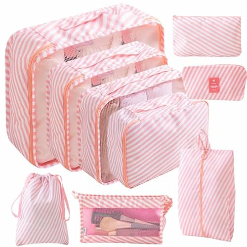 Organizador de Maleta de 8 Piezas para Viaje – Set Impermeable con Bolsas de Ropa y Cubos de Embalaje, Ideal para Equipaje de Mano y Vacaciones (ROSADO A RAYAS)