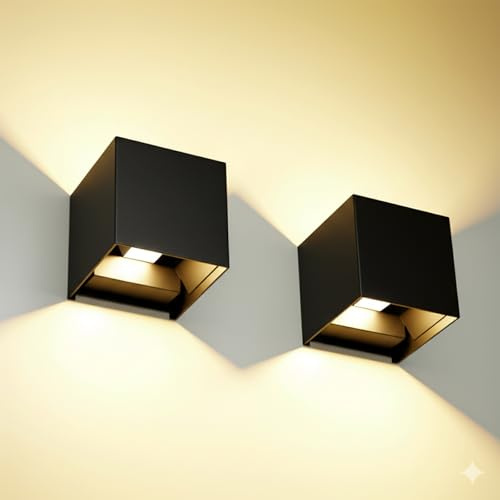 Voltix 2 Pezzi Applique da Parete LED per Esterno e Interno, Lampada da Parete Moderna Nero 12W, IP65 Impermeabile, Fascio Luminoso Regolabile, Design Cubo Quadrato per Muro (4000K – Luce Naturale)