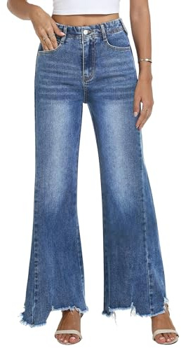 Fengbay Flared Jeans for Women Stretchy Mid-Rise Bootcut Baggy Jeans with Trendy Frayed Hem and Pockets Dark Blue
