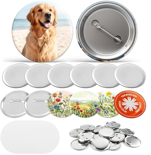 Lot de 200 badges en métal de 58 mm pour machine à boutons, à personnaliser, avec épingle de sûreté, film transparent