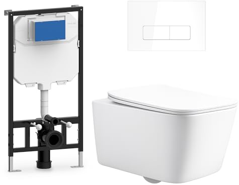 Inodoro Suspendido Completo con Bastidor y Pulsador. WC Colgante con Cierre Suave Soft Close. Sanitarios WC para Baño. Doble Descarga 3/6L. Váter de Porcelana Blanca