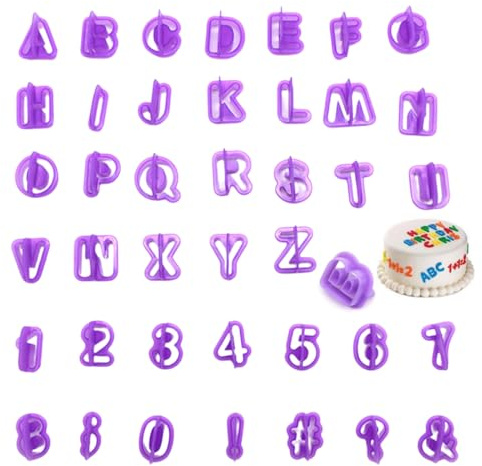 MIRKUZI Moldes para galletas, Juego de 40 cortadores de galletas con forma de letras, moldes de plástico reutilizables, ideales para decorar pasteles y hacer galletas (morado)