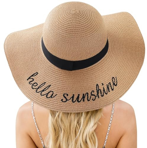 Cappello da Sole da Donna in Paglia, Cappello da Spiaggiaa Estivo a Tesa Larga, Cappelli di Paglia Pieghevoli, Protezione UV UPF 50+, per le Donna in Spiaggia, in Viaggio e in Vacanza (Kaki)