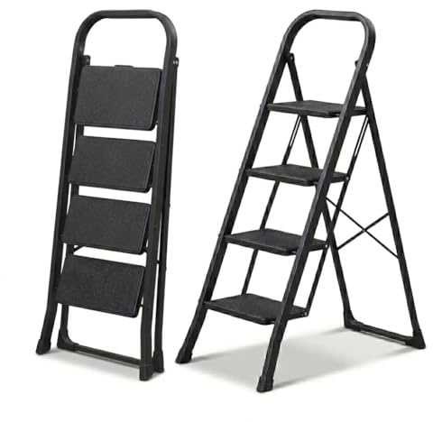 HYTAMA TOOLS Scala Scaletta 4 Gradini Pieghevole Black Mini, Nero con Piedini Antiscivolo, Struttura in Acciaio, Leggera, Multiuso, Certificata EN14183 Portata 150Kg