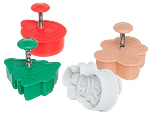 Ateco 1993 Christmas Themed Plunger Cutters, Set of 4 Shapes for Cutting Decorations & Direct Embossing, Spring-loaded Handle, Food Safe Plastic