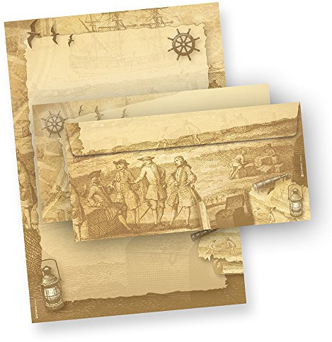 Motifs pirates Papier à lettre Set 25 Sticker Sets = 50 pièces. + Extra de cadeau, c'est notre Papier à lettres de pirate, unique de papier à lettre imprimé des deux côtés | Livré dans présente à anneaux