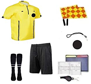 Soccer Referee 9 Piece Short Sleeve Package Referee Jersey Black Shorts Socks patch Whistle lanyard Referee wallet cards Flag set (Yellow, Adult Large)