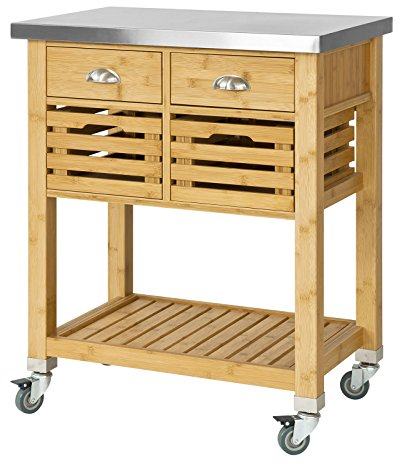SoBuy® FKW40-N, Bamboo Kitchen Serving Trolley Storage Trolley Cart with Stainless Steel Worktop