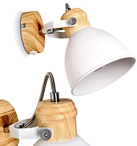 Vägglampa Banjul, justerbar vägglampa av metall i vit/trälook, 1-lampa, 1 x E27, retro/vintage väggspot med on/off-omkopplare på höljet, utan glödlampor