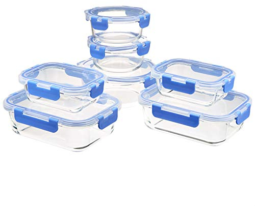 Amazon Basics Lebensmittelbehälter mit fest verschließbaren Deckeln aus Glas, 14 Stück Set, 7 Behälter und 7 BPA-freie Deckel, Transparent mit Blauem Silikonstreifen