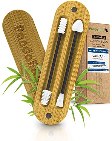 PandaBaw® 2 x Wattestäbchen Wiederverwendbar - [EXTRA WEICH] - Silikon Q-Tips Wiederverwendbare Wattestäbchen als Make-Up Entferner - Auch als Ohrstäbchen, Ohrenstäbchen wiederverwendbar – Schwarz