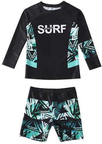 CHICTRY Kinder Junge Rash Guard Badeanzug UV-Schutz Bademode 2tlg Sets Langarm Badeshirts + Badeshorts Schwimmkleidung Gr.98-164 Schwarz 110-116