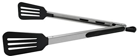 Fackelmann Pince de cuisine multi-usages PBT longueur 30 cm, résistante à la chaleur jusqu'à 220 °C, anti-adhésive, mécanisme de verrouillage, passe au lave-vaisselle, argent et noir