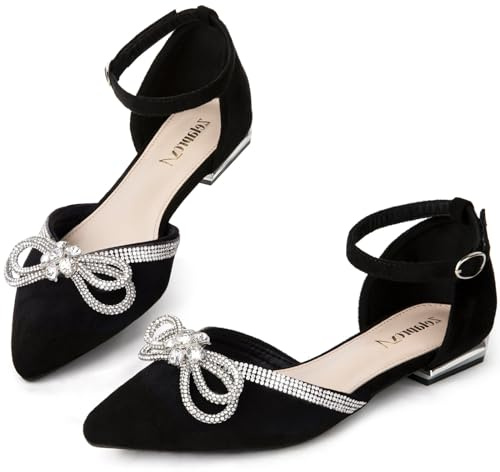 Zelaprox Women's Black Pointed Toe Flats Rhinestone Bow Ankle Strap Ballet Flats Comfortable Slip On Flats Light Weight Suede Dress Shoes