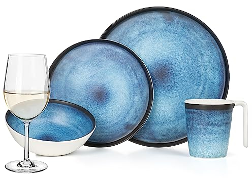 Vaisselle de camping en mélamine 4 personnes Deep Ocean + 4 verres à vin Tiamo blancs Vaisselle de table Pique-nique BBQ Ustensiles de