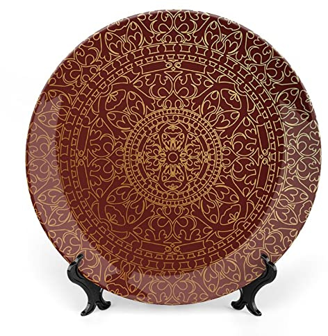 XISUNYA 8 Inch Decorative Plate, Moroccan Round Porcelain, Antique Arabic Artwork Mandala Round Ornament Print Ornament Display Plate Handmade Plate Wedding Gifts, Gold Maroon