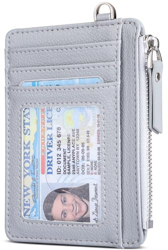 Teskyer Porta Carte, Porta Carte di Credito, Porta Tessere, Slim, Minimalista, Blocco RFID, 1 Finestra Identificativa, con Cerniera, può Contenere Fino a 8 Carte, Grigio Chiaro