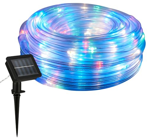 BRILONER - Striscia LED RGB solare 10 metri, luce colorata, catena luminosa solare impermeabile per esterni, striscia LED con 2 modalità di luce, tubo LED per esterni, nastro LED solare, trasparente