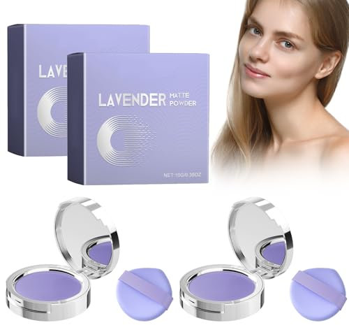 Lavendel Mattpuder, Kompaktpuder Gesichtsmakeup Fixierpuder mit Puderquaste für makelloses mattes lang anhaltendes Finish, 2 Stück