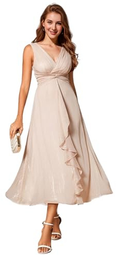Ever-Pretty Vestido de Invitada Boda Mujer Sin Mangas Cuello en V Dobladillo con Volantes Champán 38