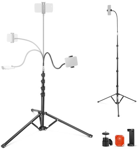 NEEWER 71'' Teléfono Trípode con Patas Reversibles, Brazo Flexible, Cabezal Esférico 360°, Puerto Telefónico y Telecomando, Soporte Fotográfico Portátil Compatible con iPhone15 ProMax para Vídeo,TS06