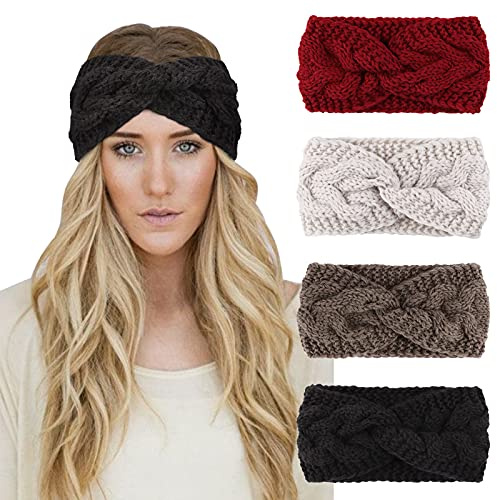 DRESHOW 4 Pièces Bandeau Cheveux pour Femme Bandeaux Hiver Serre-Tête Tricoté Oreille Réchauffeur Chaud Noué Bande Elastique Cheveux