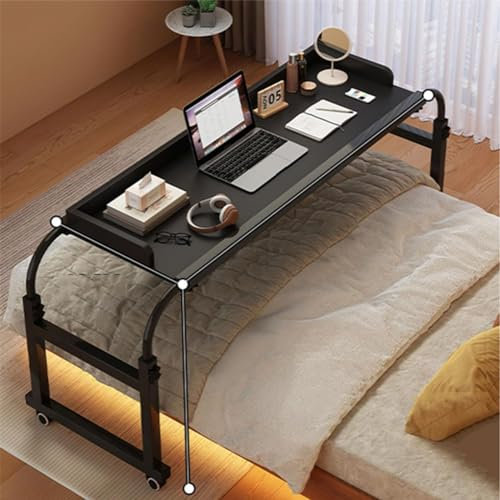Table de lit mobile pour lit jumeau/double/grand lit/king size Table médicale à roulettes avec plateau de nourriture Bureau debout Station de travail réglable en hauteur de 1,2 m à 1,8 m Noir