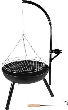 Lemodo Barbecue au charbon de bois – Barbecue pivotant avec manivelle et grille de barbecue réglable en hauteur, brasero stable, barbecue d'extérieur pour jardin, foyer avec grille, panier à feu et