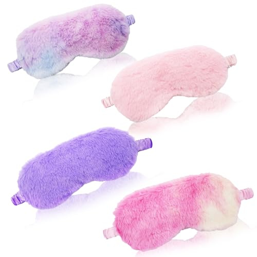 4 Pezzi Simpatiche Mascherina per Dormire in Peluche, Maschera Occhi per Dormire Antiluce per Donna, Benda Occhio Traspirante Maschera di Sonno Copertura degli Occhi per Bambina