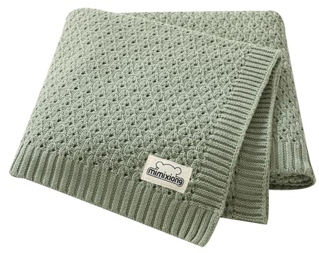 mimixiong 100% Cotton Knitted Cellular Baby Blanket for Boy Girls (Baby Light Green)