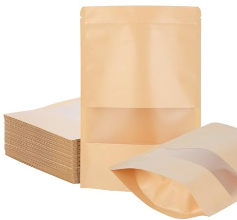 50 stycken kraftpapperspåsar med dragkedja – bruna papperspåsar med fönster – tryckförslutning och transparenta fönster för livsmedelsförvaring (18 x 26 cm) (gulbrun)