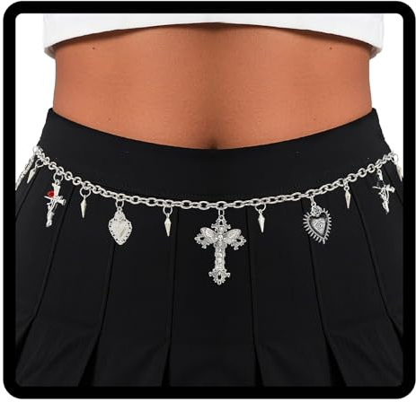 Navoky Goth Waist Chain Y2k Silver Cross Heart Belt Women Charms Skeleton Punk Body Chain for Pants and Dress