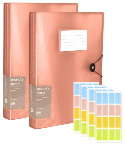2 Pcs A4 Display Folders with 120 Pockets, Display Book Folder with Plastic Sleeves Safety Rope & 64 Color Index Tabs for School, Office and Presentations (Peach Pink)