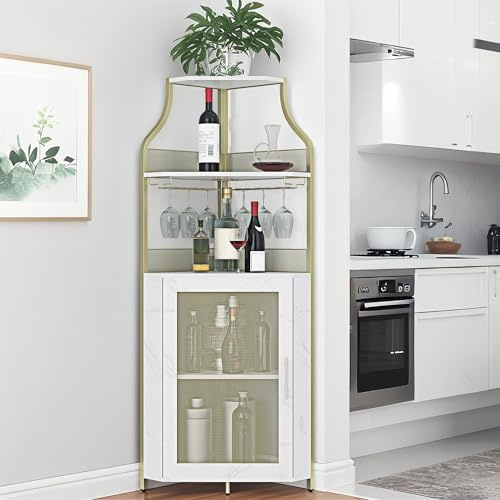 Garvee Corner Bar Cabinet for Liquor Cabinet with Adjustable Shelves, 61 in Industrial Tall Bar Cabinet Freestanding Corner Wine Cabinet Rack with Mesh Door and Glass Holder for Kitchen, White