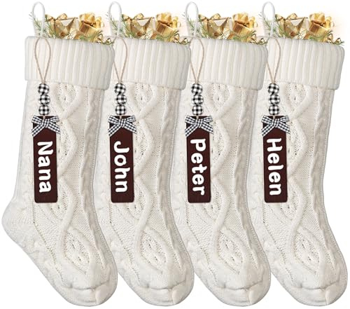 SOMYTING Personalized Christmas Stockings, 18 Inch Knitted Stockings with Name Tags Xmas Stockings for Christmas Holiday Party Decoration (White)