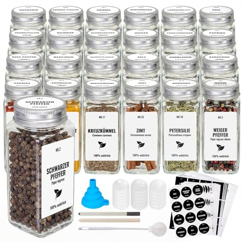 Boic Kryddburkar fyrkantiga set, 24 st 120 ml kryddburkar glas, kryddbehållare kryddströare med vitt lock, kryddförvaring kryddburkar med etiketter, ströinsats, rengöringsborste, tratt, penna