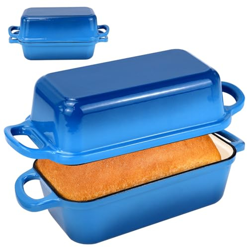 2-in-1 Rectangular Cast Iron Loaf Tin, 9 x 5-Inch Bread Tin with Lid, Blue | Enamelled Dutch Oven Bread Pan with Reversible Lid, Even Heat Retention for Crispy Sourdough, Homemade Bread and Two Loaves